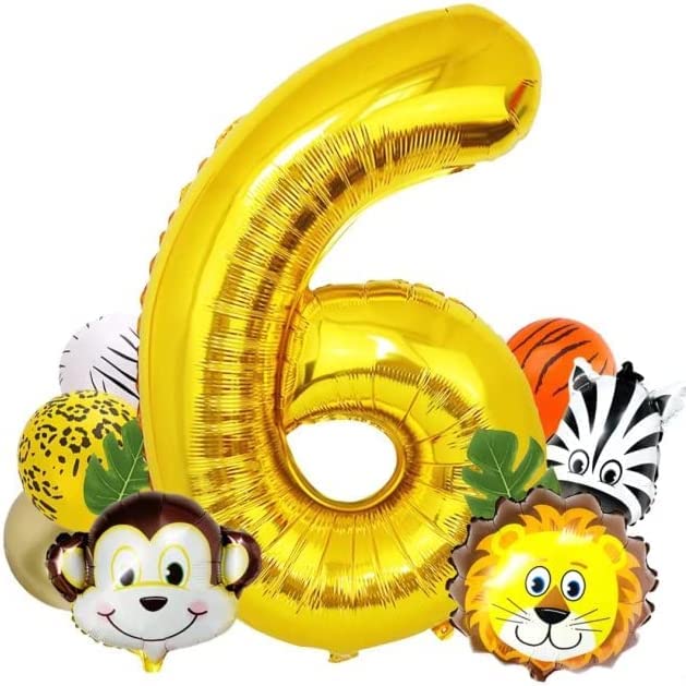 Lazybeee 19pcs Jungle Animal Balloons Set Large Number 6 Birthday Party Decorations Kids Monkey Zoo Animal Theme Foil Balloons. - Image 1