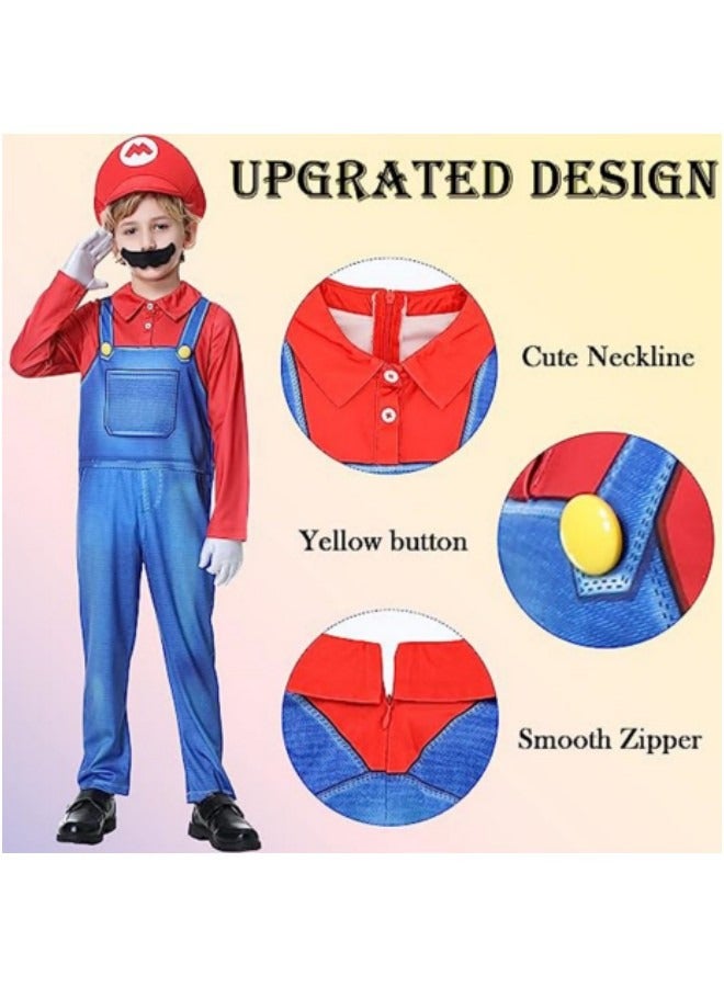 Super Costume for Kids Plumber Jumpsuit with Hat Mustache Gloves Accessory Halloween Cosplay Costume - Image 2
