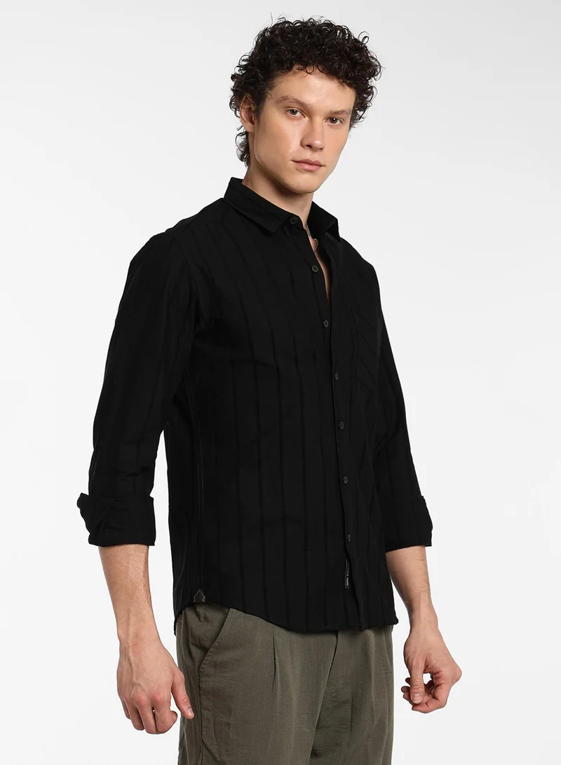 Campus Sutra Men's Midnight Blacl Pastel Striped Shirt