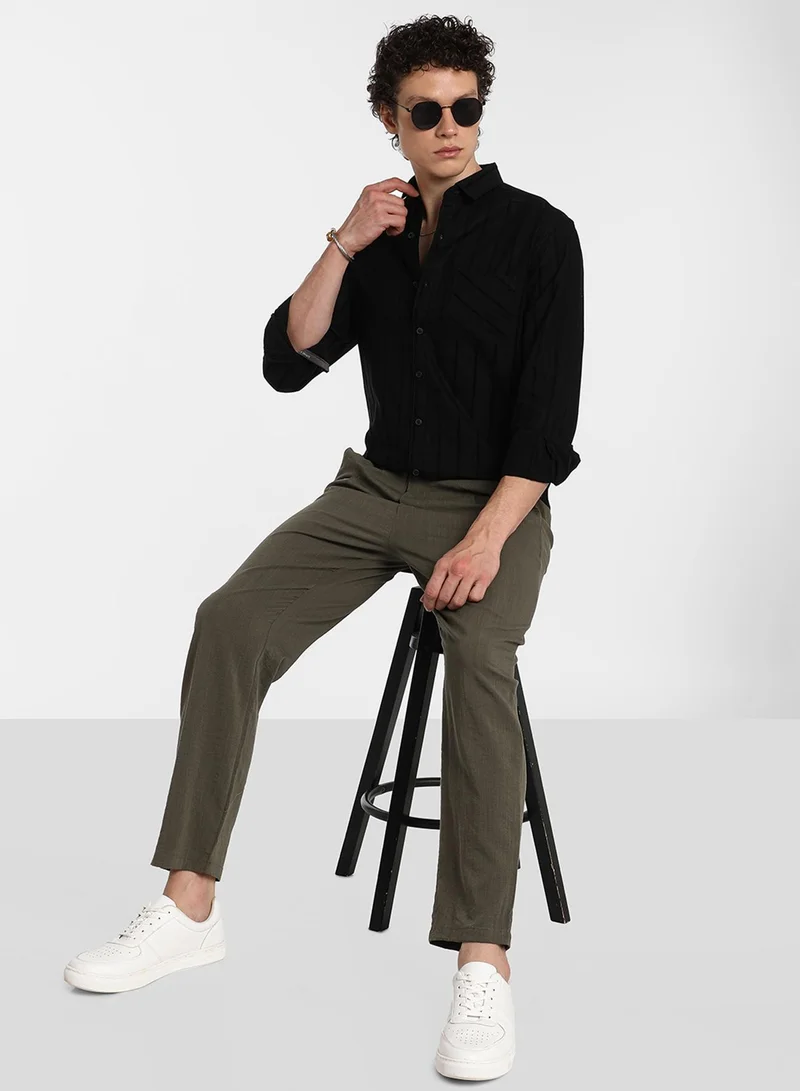 Campus Sutra Men's Midnight Blacl Pastel Striped Shirt