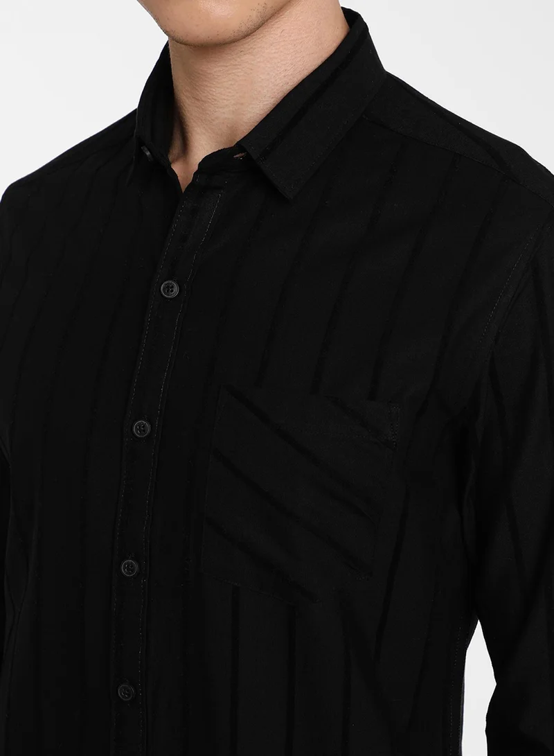 Campus Sutra Men's Midnight Blacl Pastel Striped Shirt