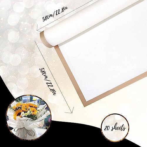 Gloreyan 20 Sheet Gold Edge Flower Wrapping Paper, White Florist Bouquet DIY Craft Fresh Flower Bouquet Wrap Waterproof Floral Wrapping Gift Box Packaging Material Florist Supplies, 22.8*22.8 Inches - Image 2