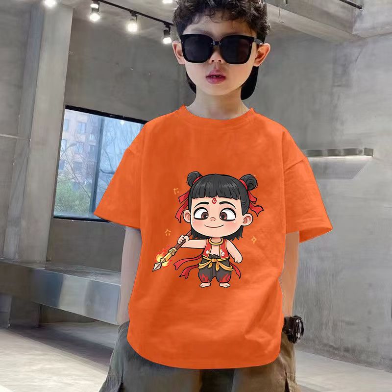 Children'S New Nezha Cartoon Print Short-Sleeved T-Shirt For Boys And Girls, Pure Cotton Round Neck, Versatile National Trend T - Image 1
