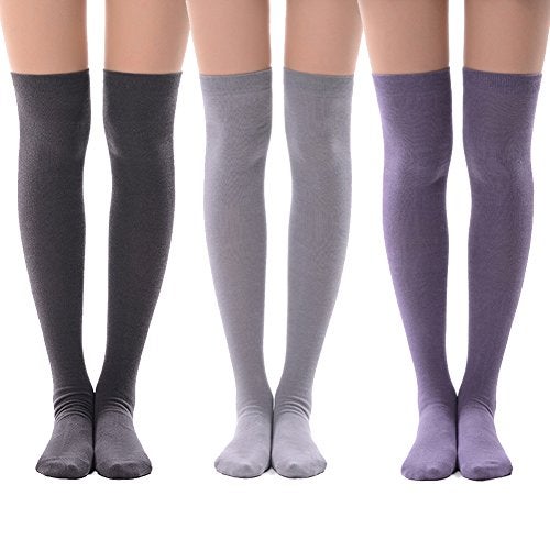 MEIKAN Light Purple Over Knee High Socks, Purple Grey Thigh High Stockings Women Boots Fashion Opaque Casual Socks 3 Pairs (Medium Purple,Light Grey,Dim Grey) - Image 1