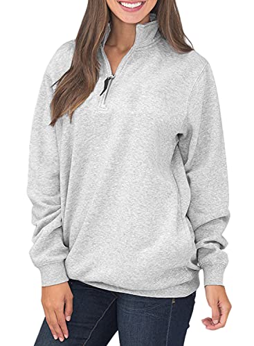 Samefar Women Ladies Long Sleeve High Neck Comfy Fuzzy Quarter Zip Pullover Sweatshirts Tunic with Pockets Gray X-Large - Image 2