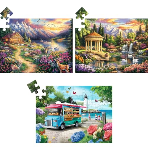 WSCXSC 3 Pack 48 Large Piece Puzzle for Seniors Alzheimers Puzzles Dementia Alzheimers Products Activities for Elderly Adults Mountains Village Sea Easy Jigsaw Puzzle Cognitive Games with 3 Storage Bags - Image 1