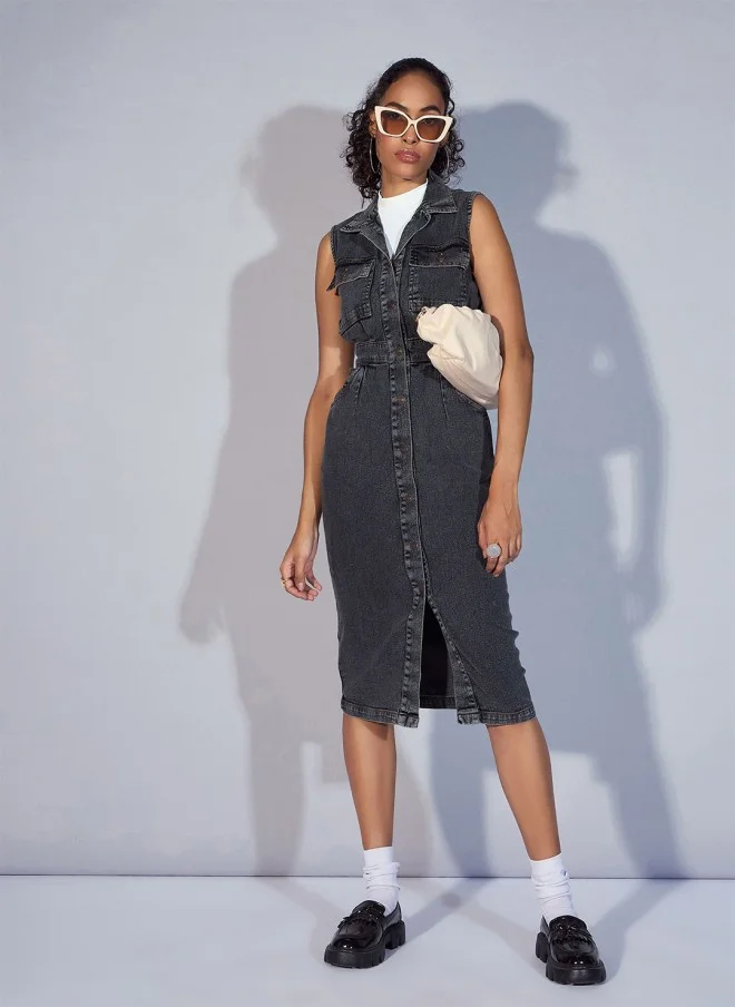 ساسافراس Denim Sleeveless Shirt Dress for Women