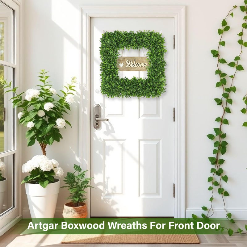 Artgar 20Inch Boxwood Wreath, Spring Wreaths for Front Door, Realistic Green Square Boxwood Wreath for Year-Round Decor, Artificial Summer Wreaths for Wedding Farmhouse Indoor/Outdoor Porch Decor - Image 5