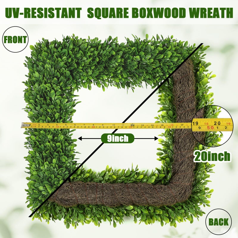 Artgar 20Inch Boxwood Wreath, Spring Wreaths for Front Door, Realistic Green Square Boxwood Wreath for Year-Round Decor, Artificial Summer Wreaths for Wedding Farmhouse Indoor/Outdoor Porch Decor - Image 3
