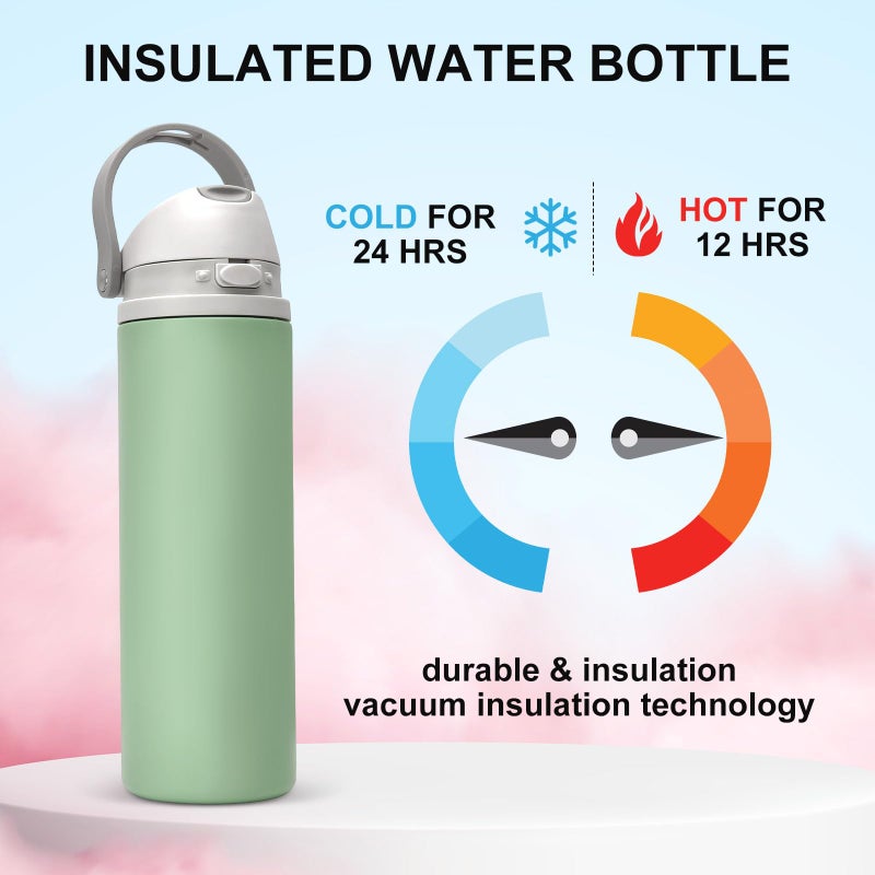 XccMe 24 oz Insulated Water Bottle with Straw,Stainless Steel Leak Proof Water Bottle,2-in-1 Lid with One-Touch Flip Lid & Straw,Keep Cold All Day for School,Travel,Gym,Camping,Sports,Green - Image 4