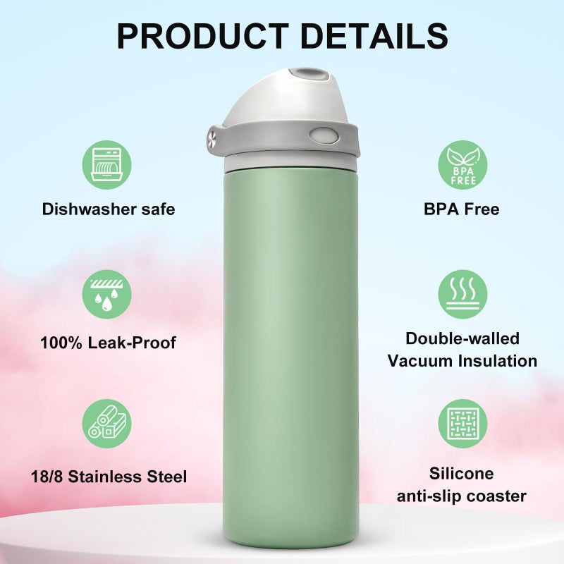 XccMe 24 oz Insulated Water Bottle with Straw,Stainless Steel Leak Proof Water Bottle,2-in-1 Lid with One-Touch Flip Lid & Straw,Keep Cold All Day for School,Travel,Gym,Camping,Sports,Green - Image 5