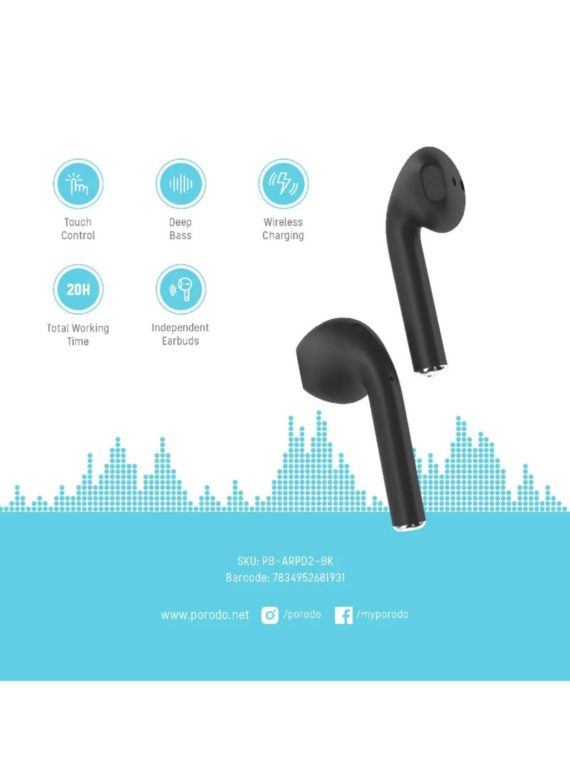 porodo Blue Deep Bass Wireless Earbuds 2, 20H Total Working Time, Wireless Charging, Independent Earbuds, Touch Control, Connectivity with Bluetooth 5.0 One-Step Pairing - Black - Image 5