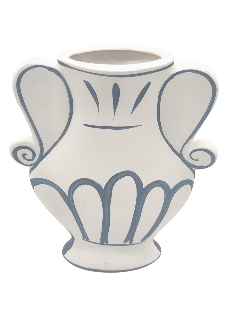 AKDC Abstract Twin Handle Decorative Clay Flower Vase 17.5cm*5cm*23cm, White and Blue - Image 1