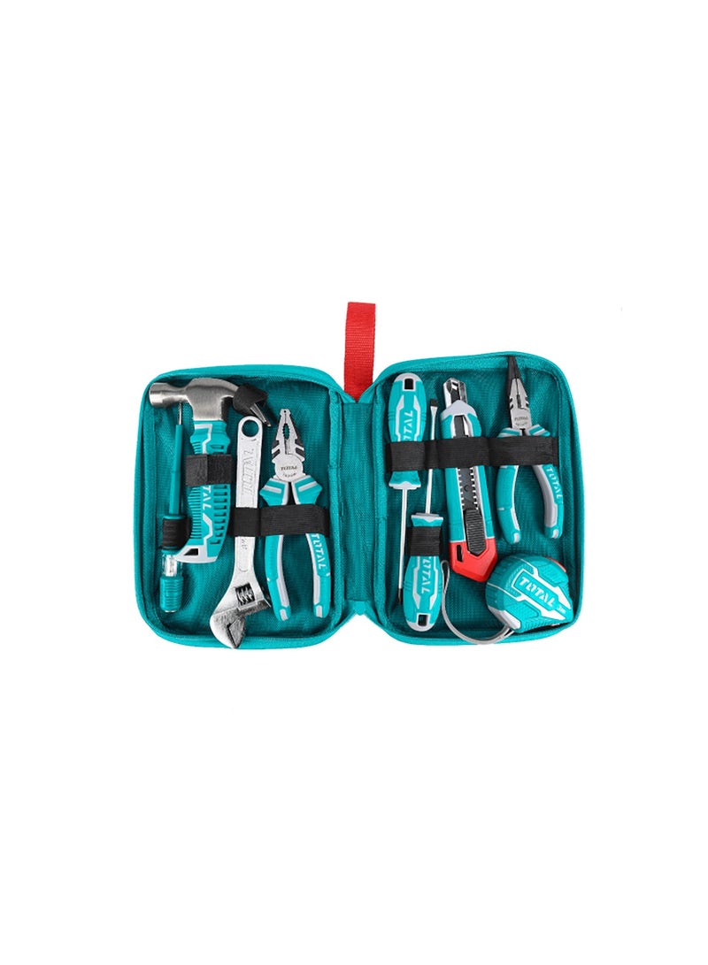 TOTAL Hand Tools Set, 9 Pieces with Measuring Tape, Screwdrivers, Adjustable Wrench, Pliers, Utility Knife, Hammer, Canvas Bag - Image 2