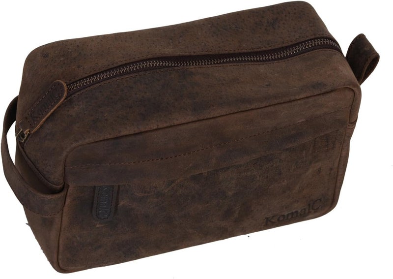 KomalC Genuine Buffalo Leather Unisex Toiletry Bag Travel Dopp Kit Vanity Bag Grooming Bag