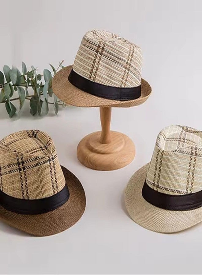 INFISPACE Men's Classic Fedora Hat with Black Band | Check Printed Beach Fedora Cap (in, Alpha, Free Size, Beige) - Image 4