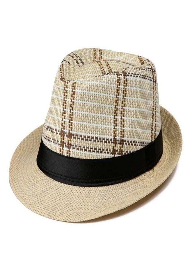 INFISPACE Men's Classic Fedora Hat with Black Band | Check Printed Beach Fedora Cap (in, Alpha, Free Size, Beige) - Image 1