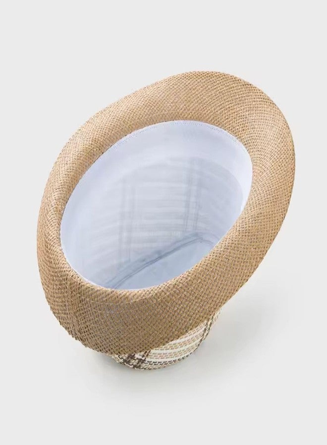 INFISPACE Men's Classic Fedora Hat with Black Band | Check Printed Beach Fedora Cap (in, Alpha, Free Size, Beige) - Image 3