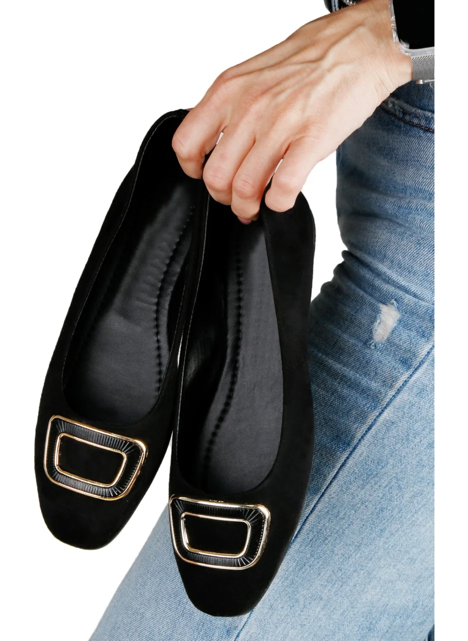 Renkli Butik Colorful Boutique Women's Stylish Buckle Comfortable Sole Leather Skin Ballerina Shoes Black Nubuck