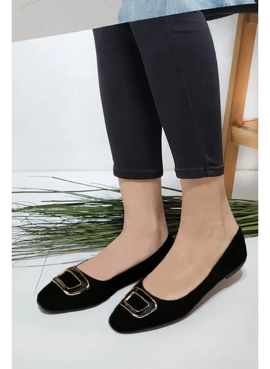 Renkli Butik Colorful Boutique Women's Stylish Buckle Comfortable Sole Leather Skin Ballerina Shoes Black Nubuck