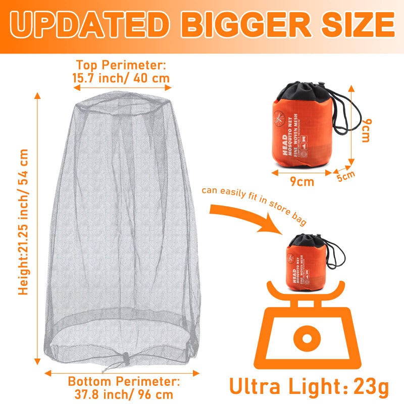 Benvo Mosquito Head Net Mesh, Face Neck Fly Netting Hood from Bugs Gnats Noseeums Screen Net for Any Outdoor Lover- with Carry Bags Fits Most Sizes of Hats Caps (2pcs, Grey, Updated Big Net) - Image 2