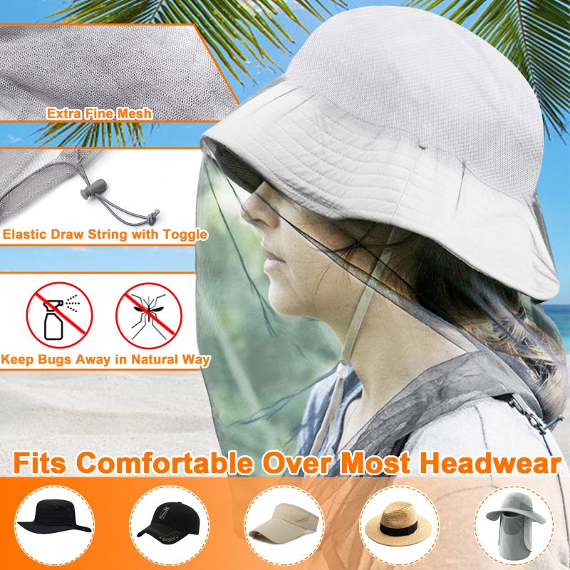 Benvo Mosquito Head Net Mesh, Face Neck Fly Netting Hood from Bugs Gnats Noseeums Screen Net for Any Outdoor Lover- with Carry Bags Fits Most Sizes of Hats Caps (2pcs, Grey, Updated Big Net) - Image 3
