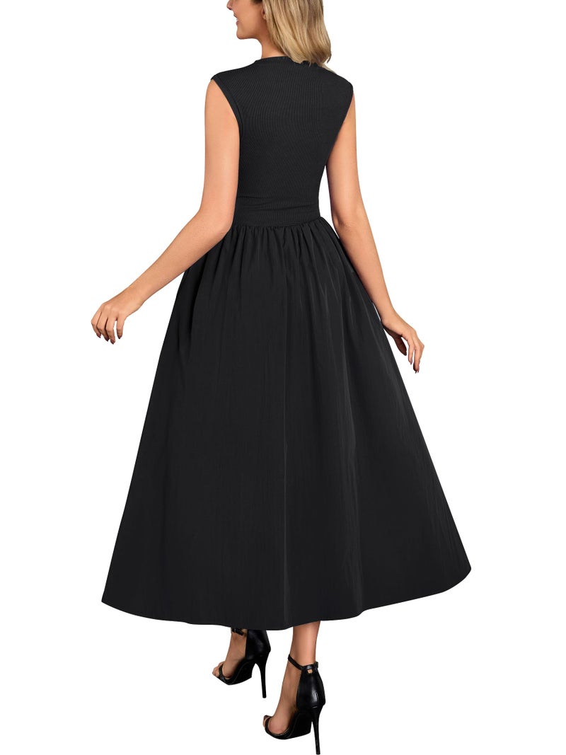 Miusol Women's Retro Half Collar Sleeveless with Pocket Casual Swing Dress (Black, Medium) - Image 2