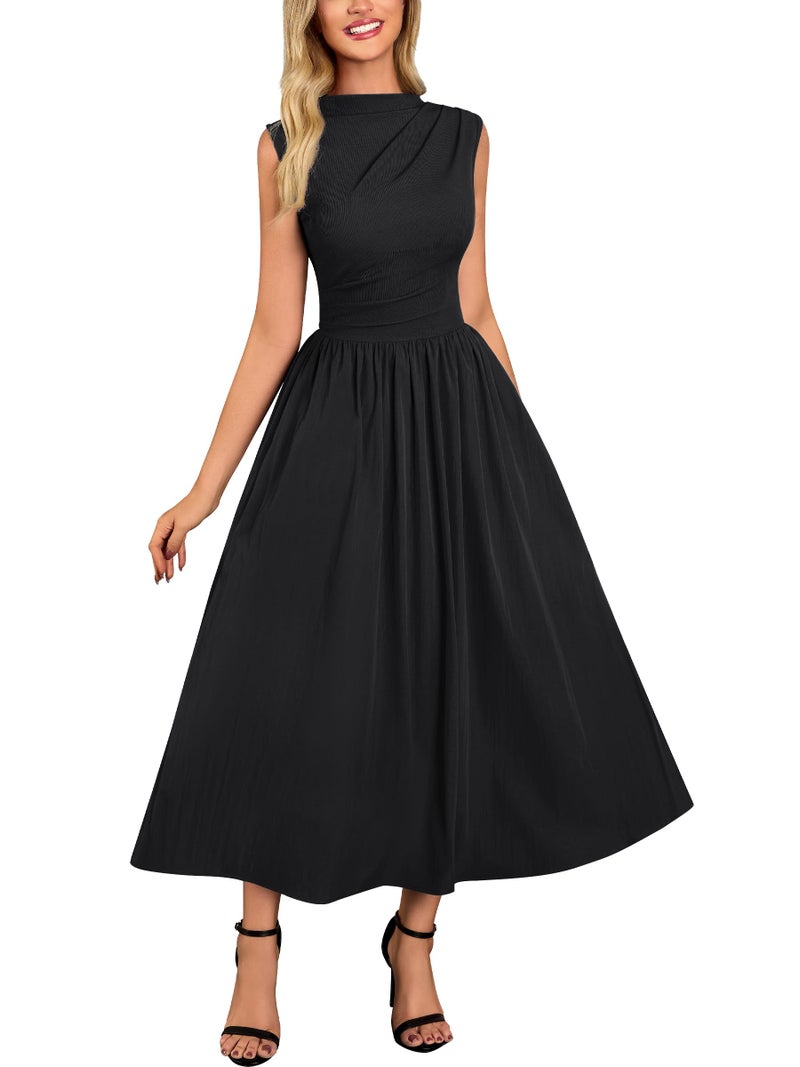 Miusol Women's Retro Half Collar Sleeveless with Pocket Casual Swing Dress (Black, Medium) - Image 1