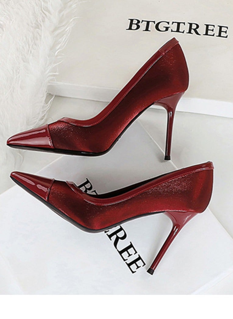 بيج تري مضخات الحزب الأنيقة للمرأة أشارت إلى إصبع القدم المغلق الكعب العالي النبيذ الأحمر 9.5CM - Image 3