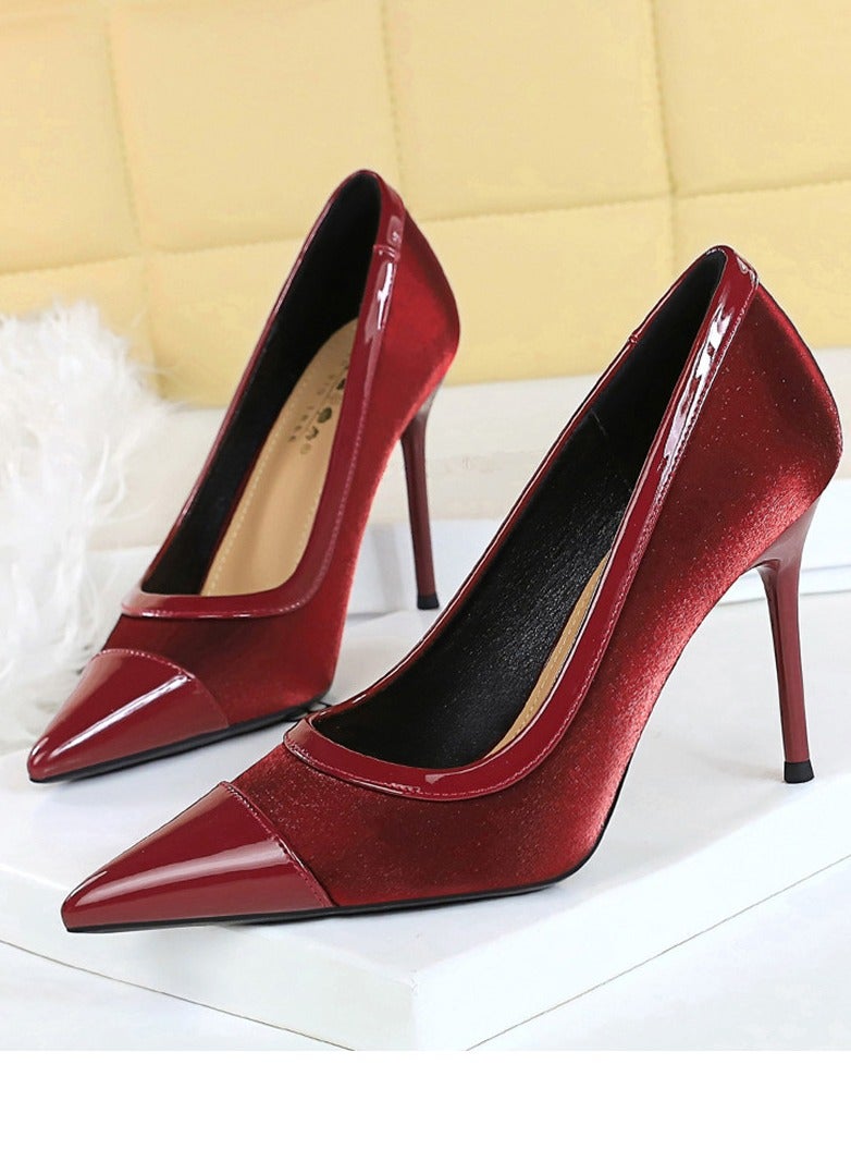 بيج تري مضخات الحزب الأنيقة للمرأة أشارت إلى إصبع القدم المغلق الكعب العالي النبيذ الأحمر 9.5CM - Image 1