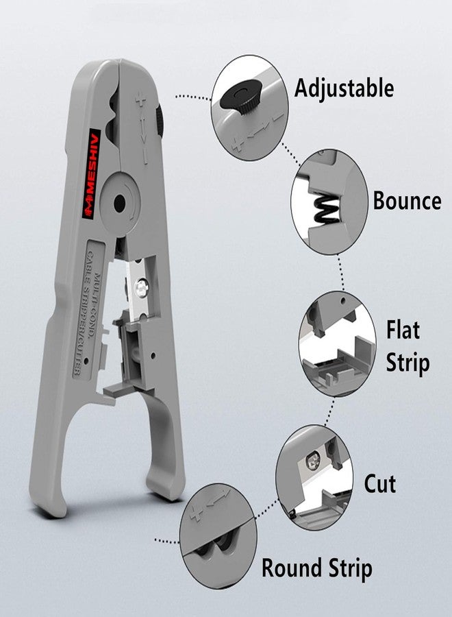 Meshiv Universal Coax & Ethernet Wire Stripping Tool for RG59/6/7/11, UTP/FTP/STP, CAT5/5e/CAT6/6a Cables, Adjustable Rotary Cutter for Round & Flat Telephone Wires (Grey)​ - Image 2