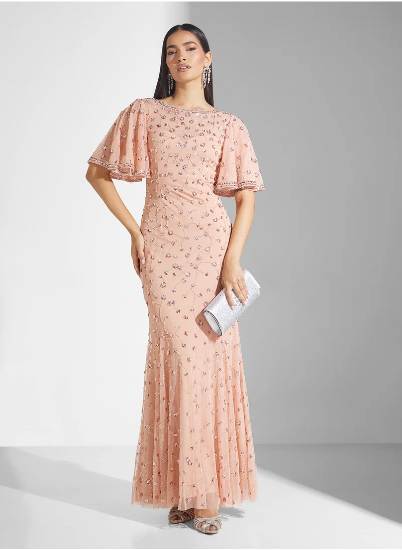 Frock and Frill Flutter Sleeve Sequin Maxi Dress