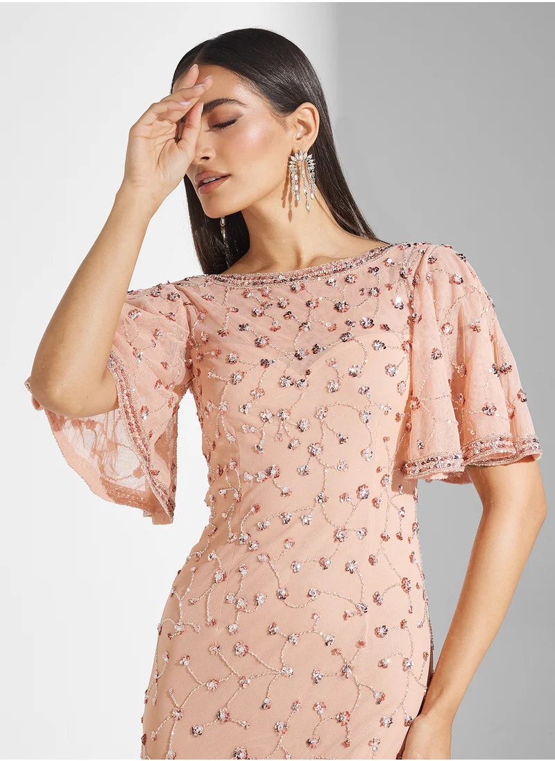 Frock and Frill Flutter Sleeve Sequin Maxi Dress