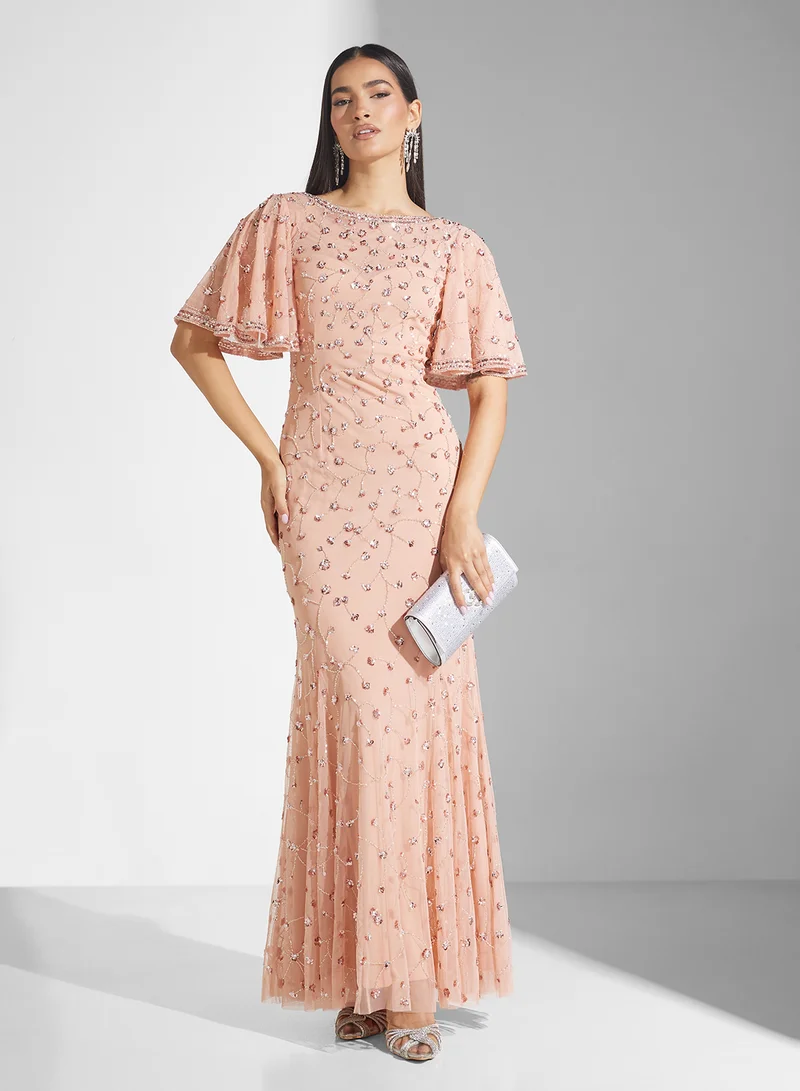 فروك اند فرل Flutter Sleeve Sequin Maxi Dress