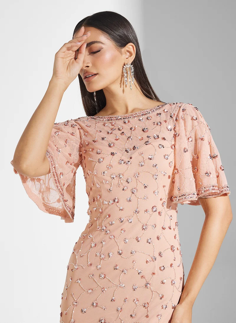 فروك اند فرل Flutter Sleeve Sequin Maxi Dress
