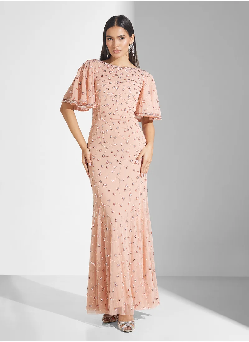 فروك اند فرل Flutter Sleeve Sequin Maxi Dress