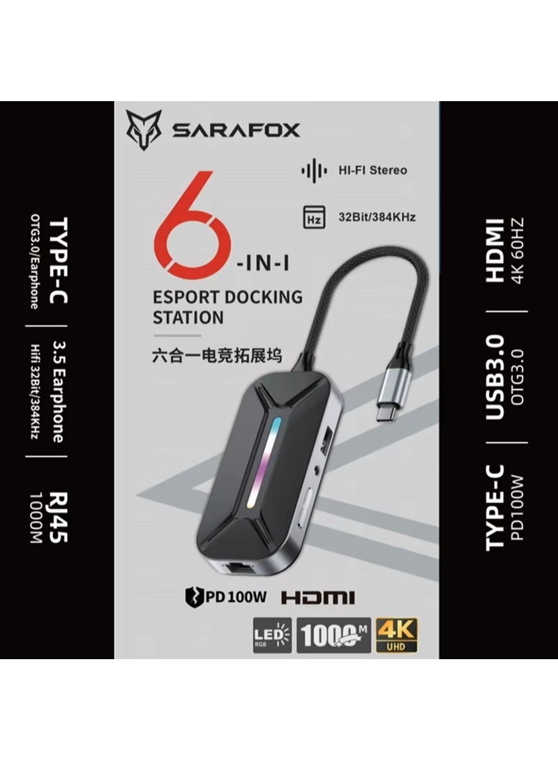 Sarafox XS6 Pro 6-in-1 USB-C Gaming & Streaming Adapter: Features a 3.5mm audio jack, 1000Mbps RJ45 Ethernet port, HDMI port, and 100W PD charging. An excellent choice for gamers, streamers, and content creators. - Image 2