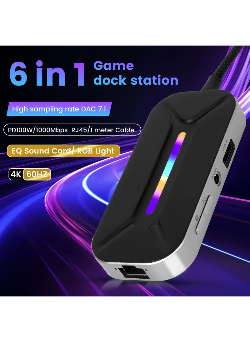 Sarafox XS6 Pro 6-in-1 USB-C Gaming & Streaming Adapter: Features a 3.5mm audio jack, 1000Mbps RJ45 Ethernet port, HDMI port, and 100W PD charging. An excellent choice for gamers, streamers, and content creators. - Image 3