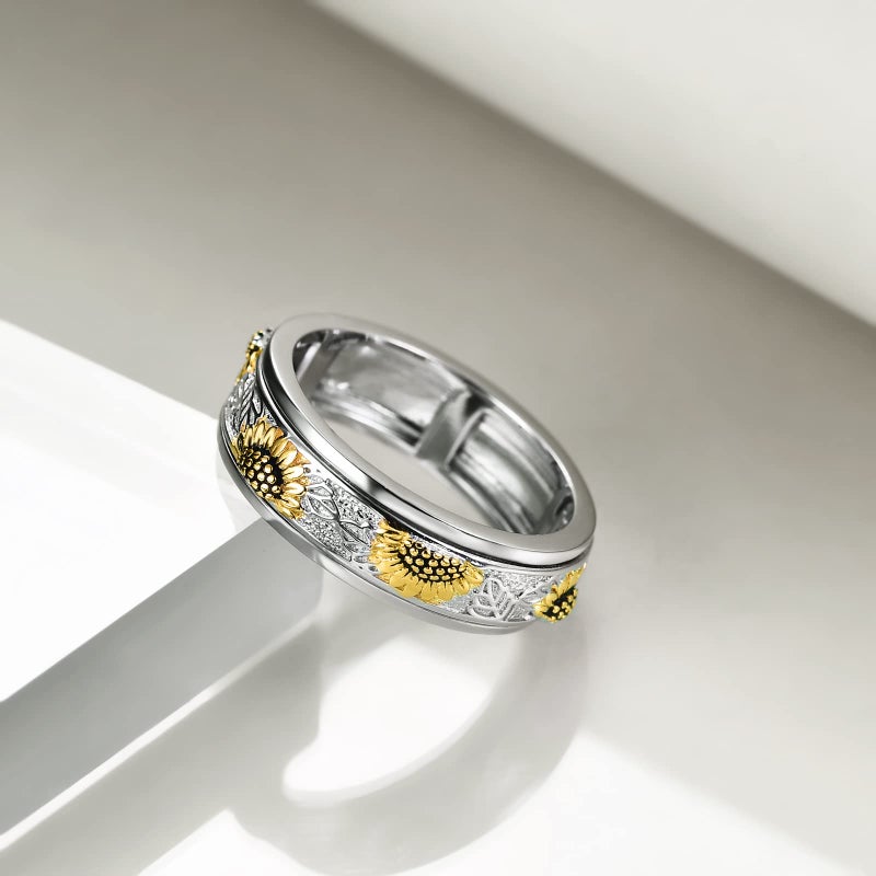POPLYKE Sterling Silver Sunflower Flower Anxiety Spinner Rings Rotatable Fidget Rings for Women Relieve Stress Giftï¼ˆ7 Sizeï¼‰ - Image 2
