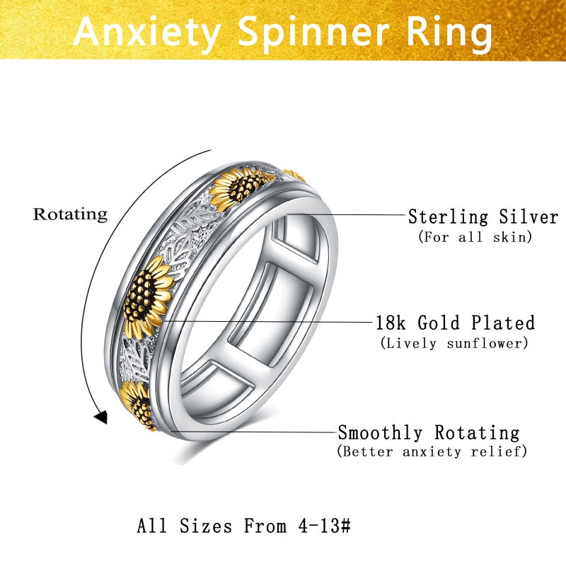 POPLYKE Sterling Silver Sunflower Flower Anxiety Spinner Rings Rotatable Fidget Rings for Women Relieve Stress Giftï¼ˆ7 Sizeï¼‰ - Image 4