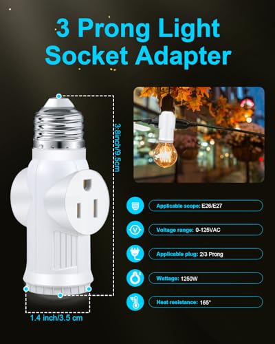 SerBion Light Socket Outlet Adapter, 3 Prong Light Socket Adapter, Polarized Light Bulb Outlet Socket, to Plug Adapter for Garage Porch (White, 2) - Image 2