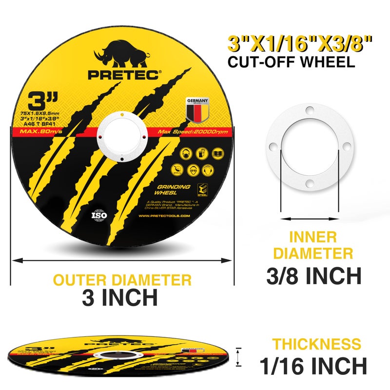 PRETEC Cut Off Wheels 27Pcs, 3 Inch Die Grinder Cut Off Wheels with 1/4 in Mounting Mandrel Kit for Die Grinder, 3/8" Arbor Hole Cutting Wheel for Metal & Stainless Steel Rotary Tool Drill Attachment - Image 3