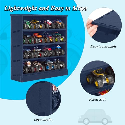 KISLANE Felt Monster Trucks Display Case, Wall-Mounted Display Case Fit for Monster Trucks, 16 Slots Monster Trucks Storage Case, Groove Fixation Toy Truck Container Holder (Blue- New Version) - Image 2