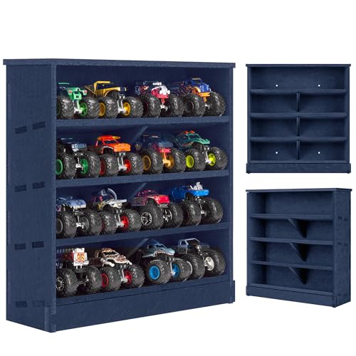 KISLANE Felt Monster Trucks Display Case, Wall-Mounted Display Case Fit for Monster Trucks, 16 Slots Monster Trucks Storage Case, Groove Fixation Toy Truck Container Holder (Blue- New Version) - Image 1