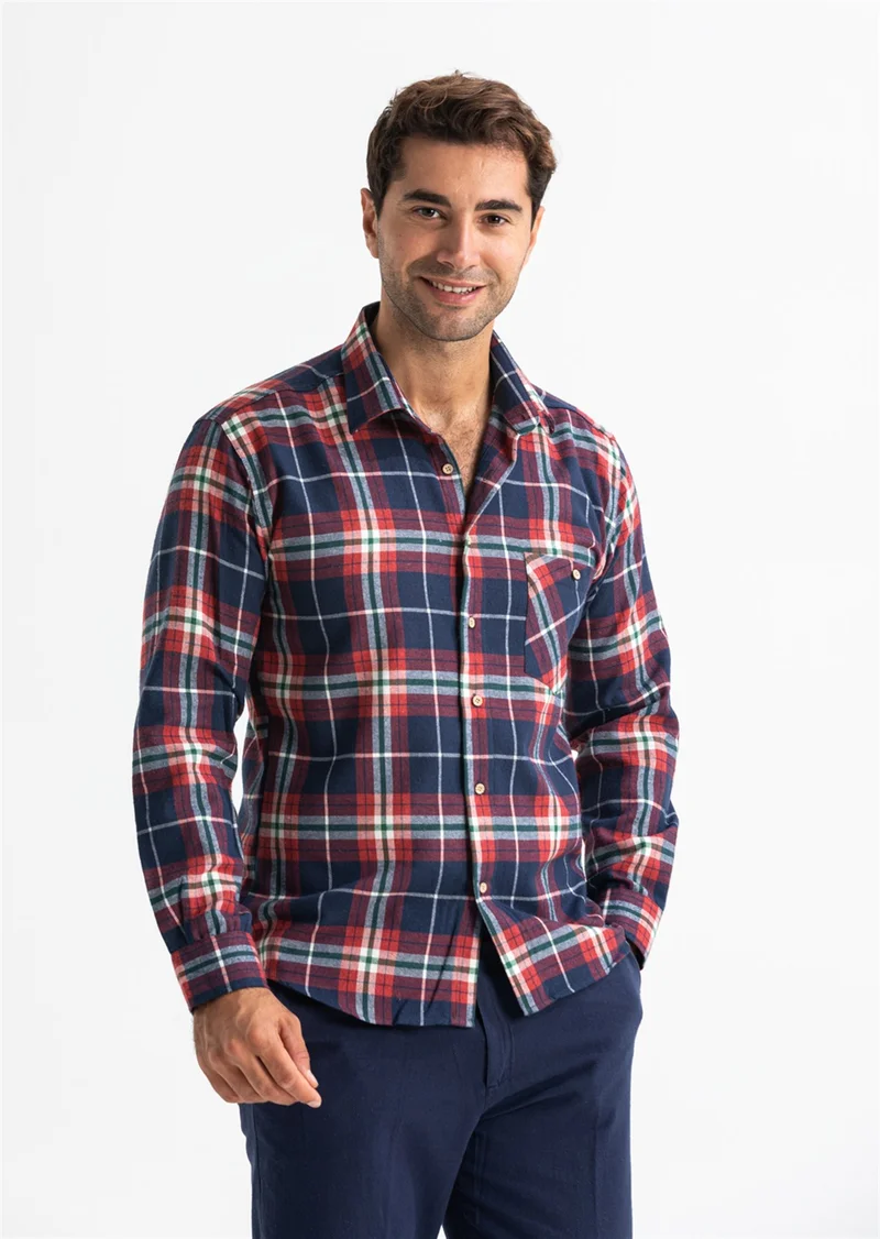 اليش شيل بيزي Long Sleeve Flannel Single Pocket Lumberjack Men's Shirt Navy Blue Red Plaid 4017