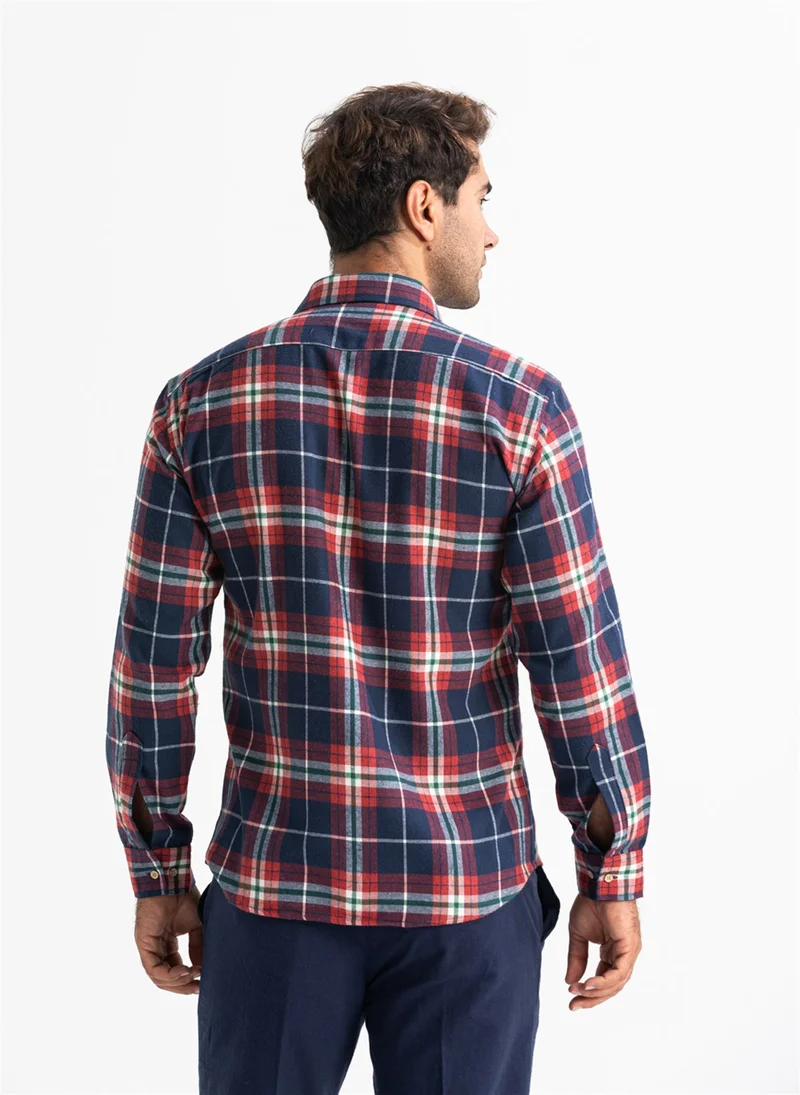 اليش شيل بيزي Long Sleeve Flannel Single Pocket Lumberjack Men's Shirt Navy Blue Red Plaid 4017