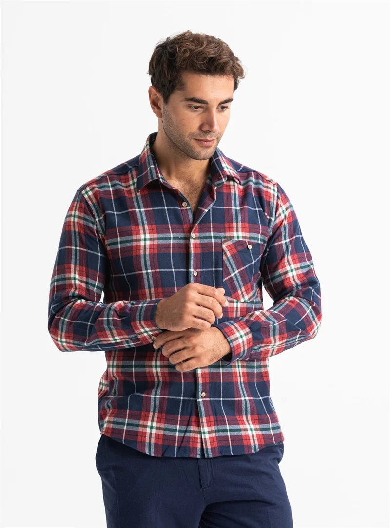 اليش شيل بيزي Long Sleeve Flannel Single Pocket Lumberjack Men's Shirt Navy Blue Red Plaid 4017