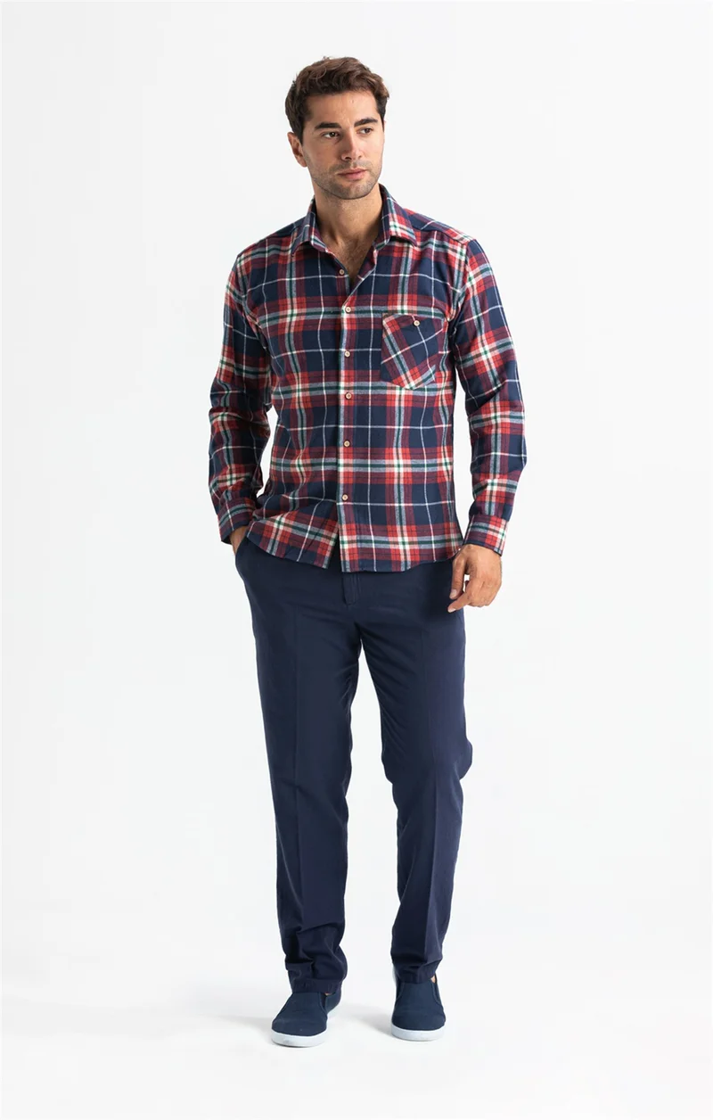 اليش شيل بيزي Long Sleeve Flannel Single Pocket Lumberjack Men's Shirt Navy Blue Red Plaid 4017