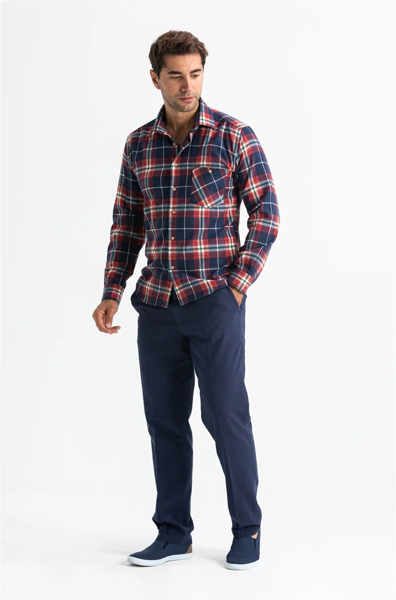 اليش شيل بيزي Long Sleeve Flannel Single Pocket Lumberjack Men's Shirt Navy Blue Red Plaid 4017