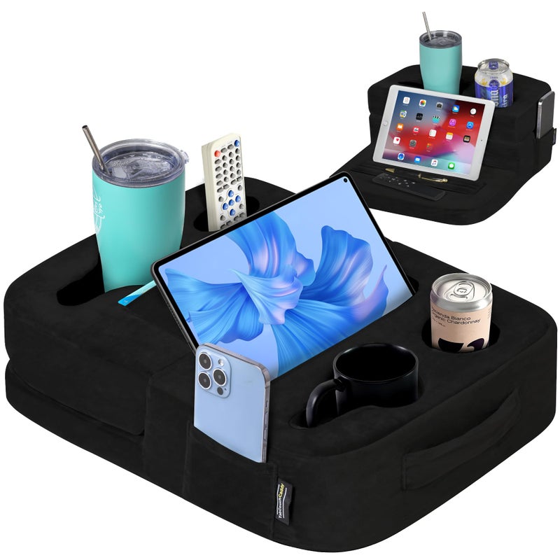 TabCouchCaddy Couch Cup Holder Tray Pillow Bed Couch Caddy Sofa RV Car Holds Drinks Snacks Remotes Phones Kindle Tablet Bed Cup Holder Black - Image 1